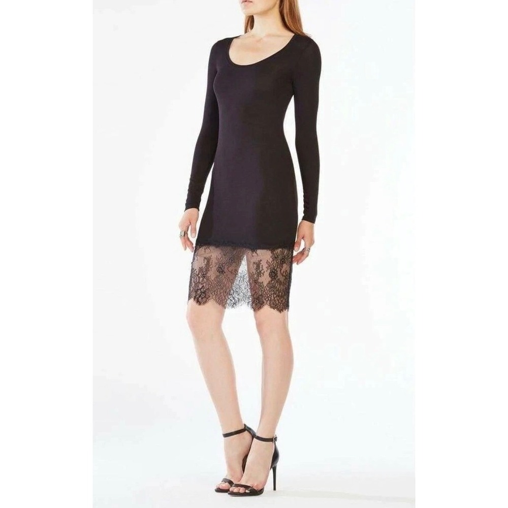 BCBGMAXAZRIA Womens Blue Long Sleeve Scoop Neck Knit Dress with Lace Hem - Picture 4 of 7